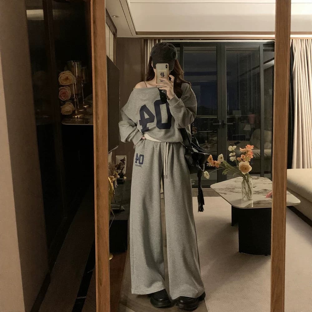 Wasteland Style Lazy American Slanted Shoulder Long Sleeve Hoodie Women Gray Casual Wide Leg Pants Set