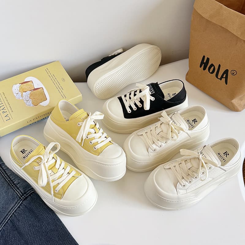 Slip-on Two-Way Leather Lace-Up Shoes 2025 Spring Women's Casual Sneakers with Elevated Thick Sole