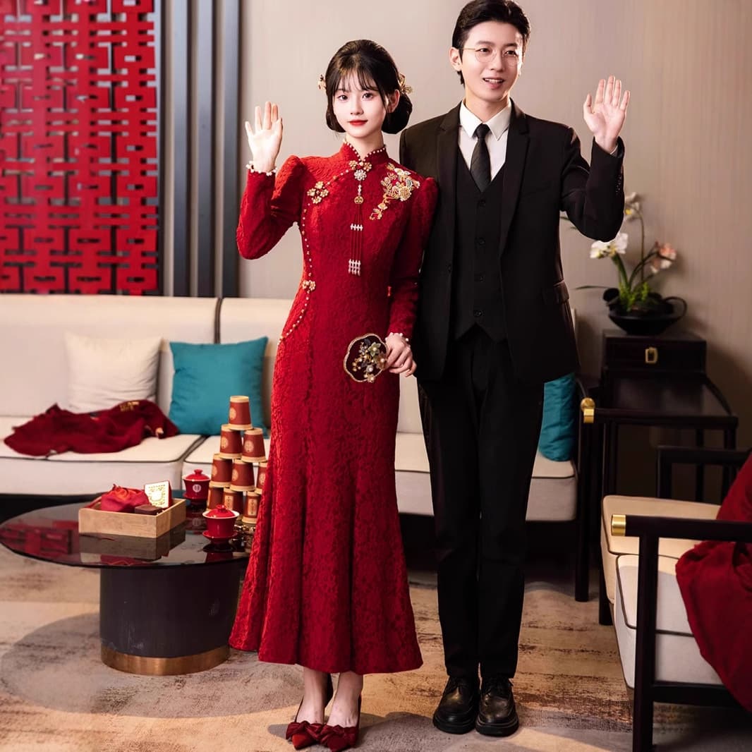 New Chinese-style winter toast dress, 2024 new style, bride high-end wedding return home engagement dress, cheongsam fishtail