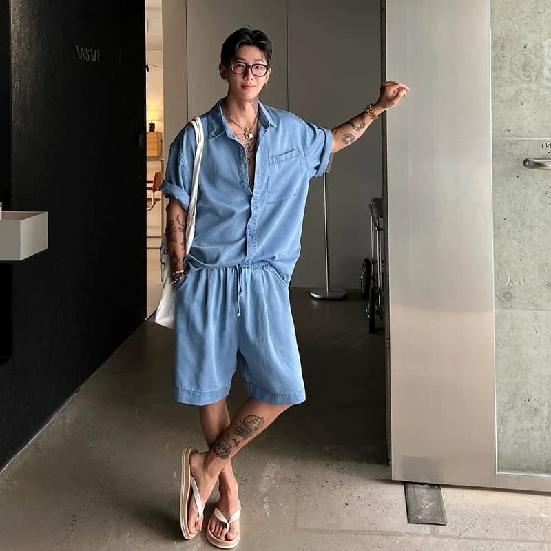 Casual Sport Set Summer New Fashion Shirt Trendy Simple Stylish Men's Short Sleeve Solid Color Thin Shorts