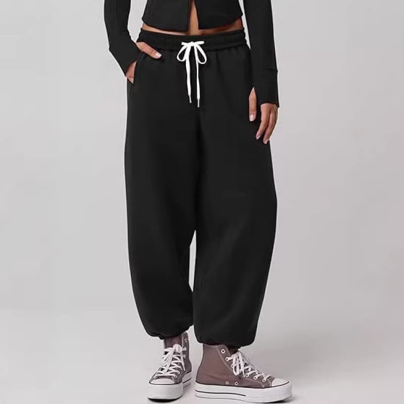 Women's High-Waist Sweatpants - Loose Cuffed Joggers with Large Pockets and Adjustable Drawstring Ankle