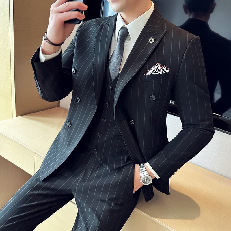 Striped Suit Set Premium Slim Fit Business Groom Best Man Wedding Master of Ceremonies Double-Breasted Suit Men's Trendy Formalwear