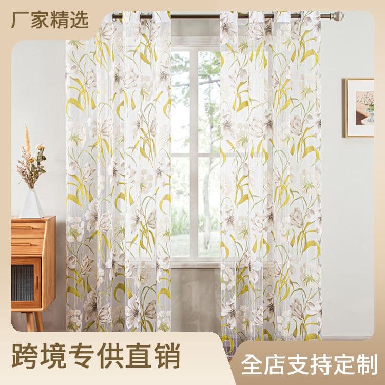 Amazon AliExpress cross-border exclusive supply of tropical leaf and flower window screens, living room and kitchen sheer ready-made curtains