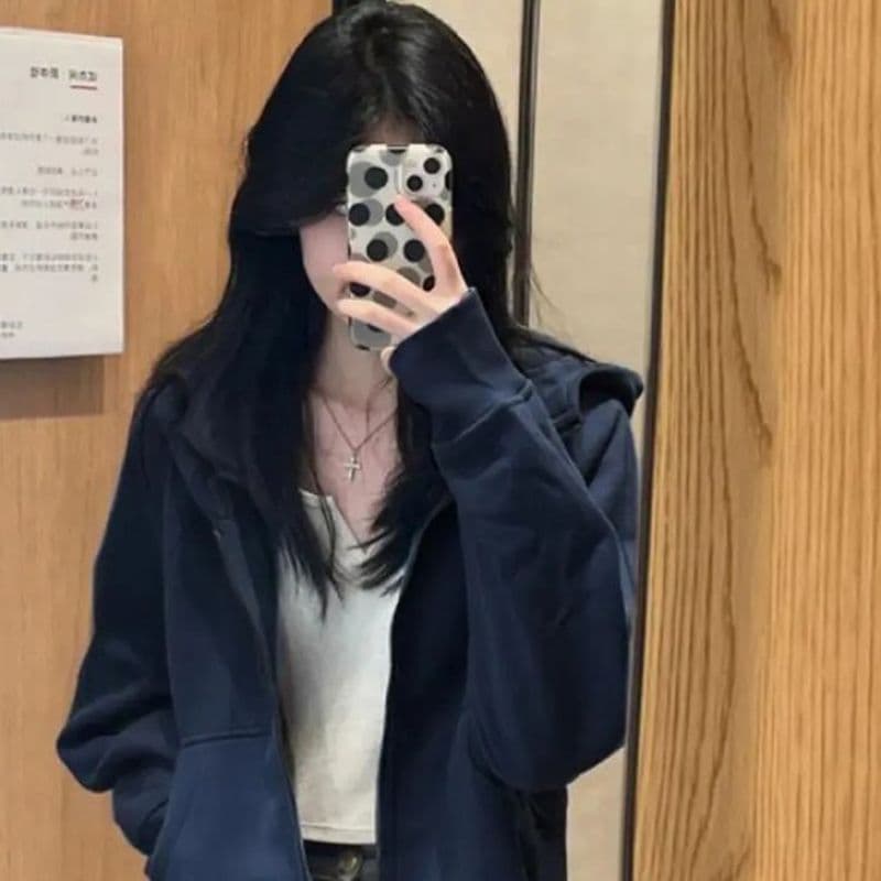 Navy short sweatshirt jacket for women, spring and autumn hooded American small top, early autumn thin coat, autumn wear