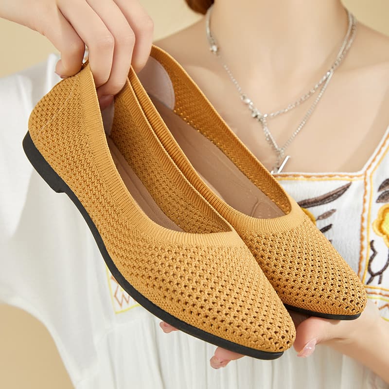 Women's Flats 2025 Solid Color Pointed Toe Flat Sole Low Heel Casual Versatile Breathable Women's Hollow Knit Shoes, Breathable Foot Care