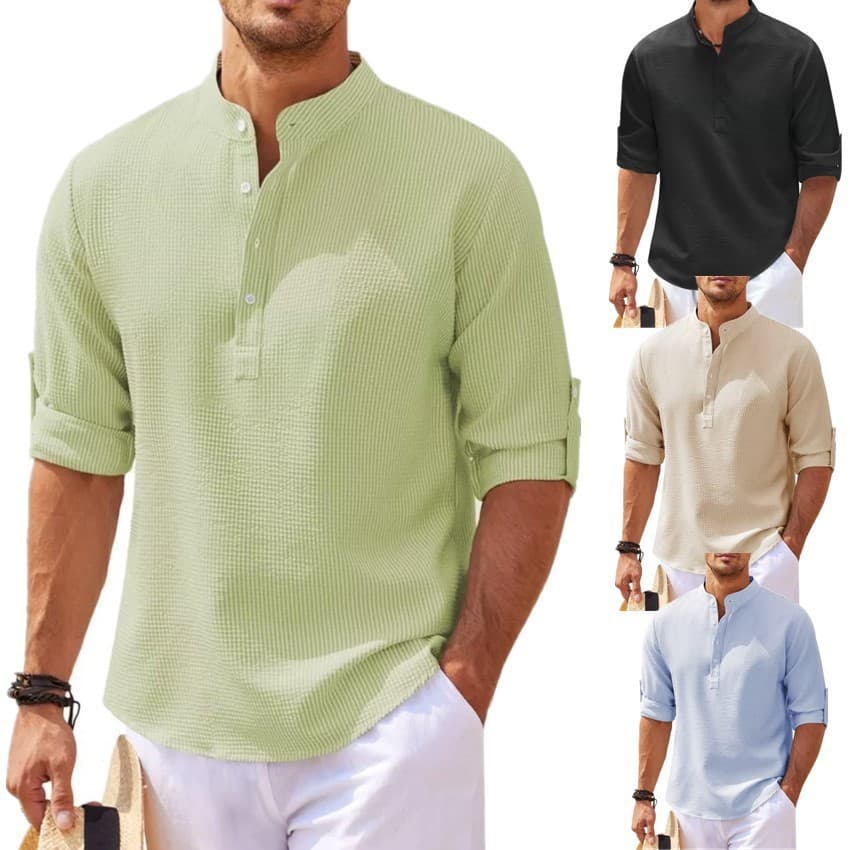 In Stock 2026 European American Men's Shirt Long Sleeve Stand Collar Button Down Pineapple Short Sleeve Plaid Casual Top