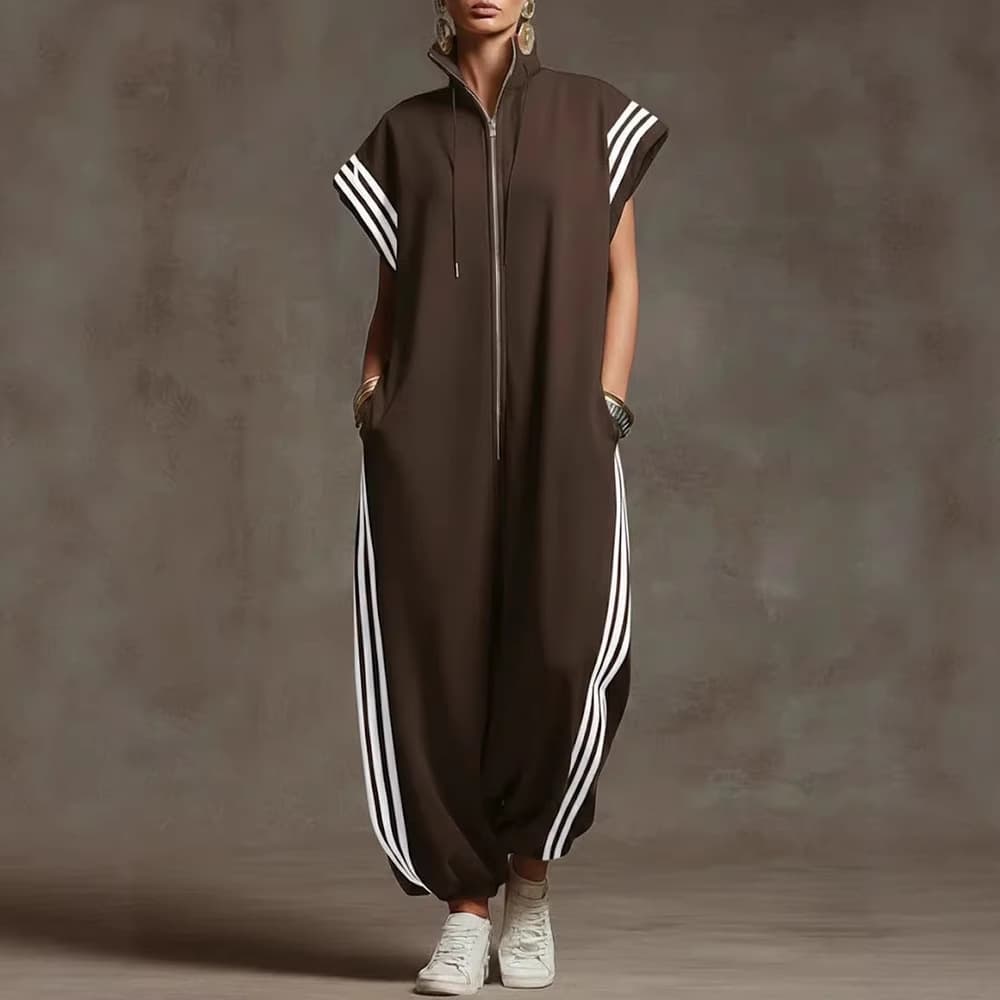 2026 European and American Cross-Border Foreign Trade Spring and Summer Zippered Stand-Collar Striped Color-Blocking Fashion Jumpsuit