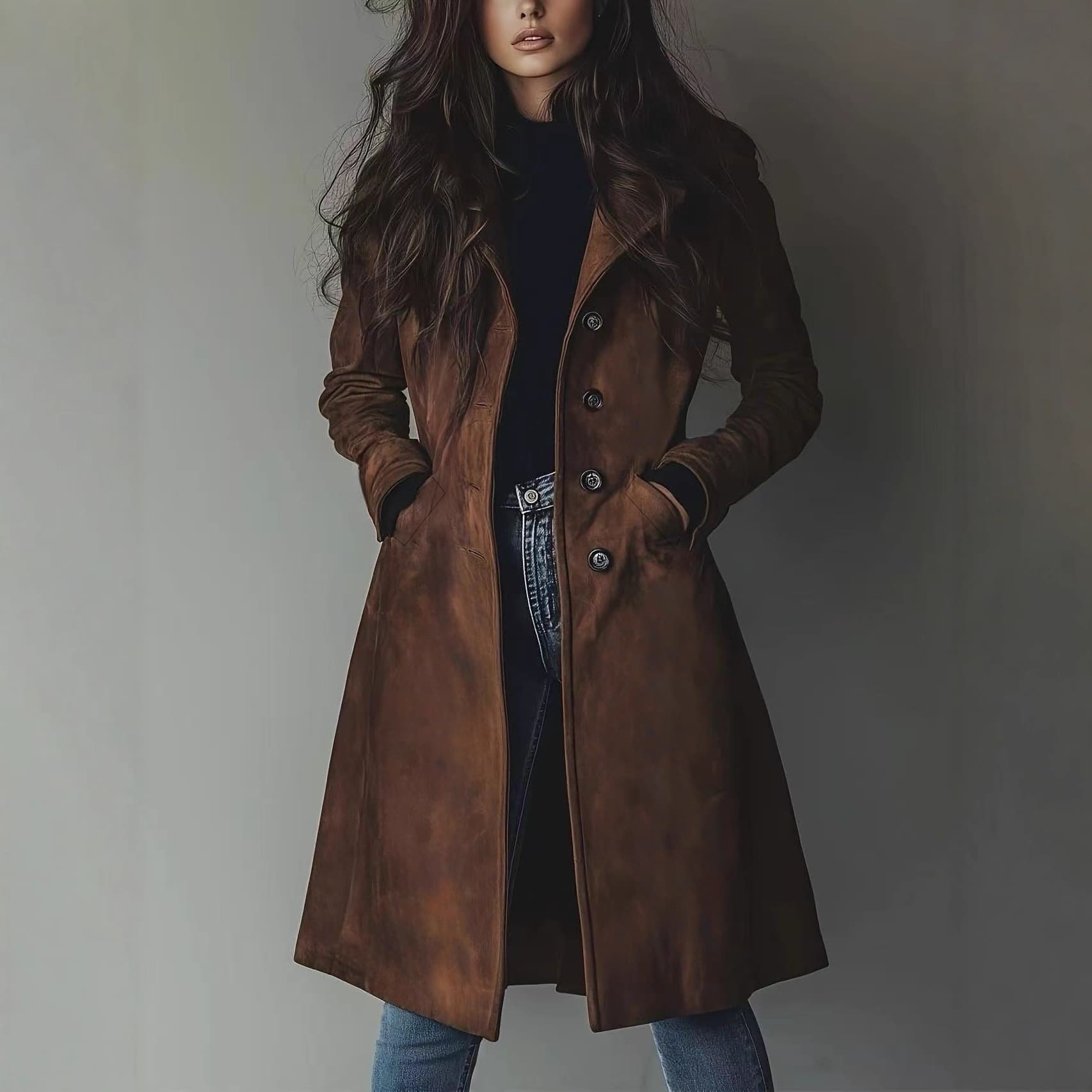 European and American Amazon Cross-Border New Women's Autumn and Winter Outwear Lapel Western Style Suede Long Windbreaker Jacket