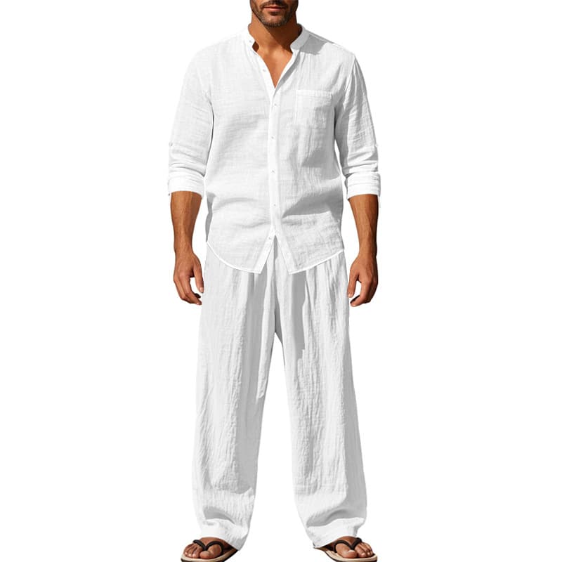 2025 Cross-Border American Style Four-Season Linen Men's Casual Loose Breathable Long-Sleeve Shirt and Pants Beach Set