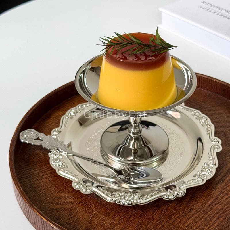 ChubbyCat European Vintage Palace Style Coaster Ins Embossed Metal Coaster Stainless Steel Pudding Cup Dessert Cup