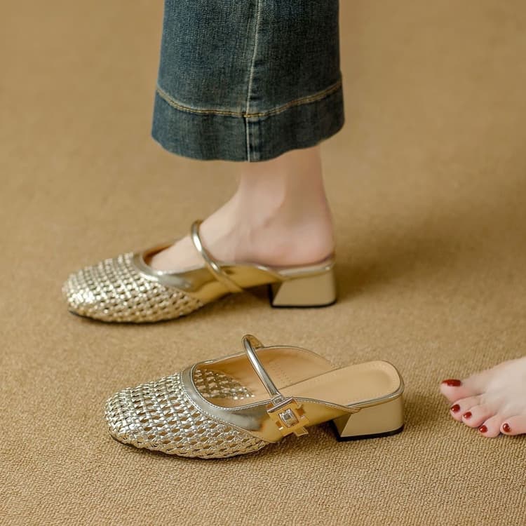 Trendy Square-Toe French Kitten Heel Mules for Women with Strap, Fashionable Hollow-Out Covered Toe Sandals
