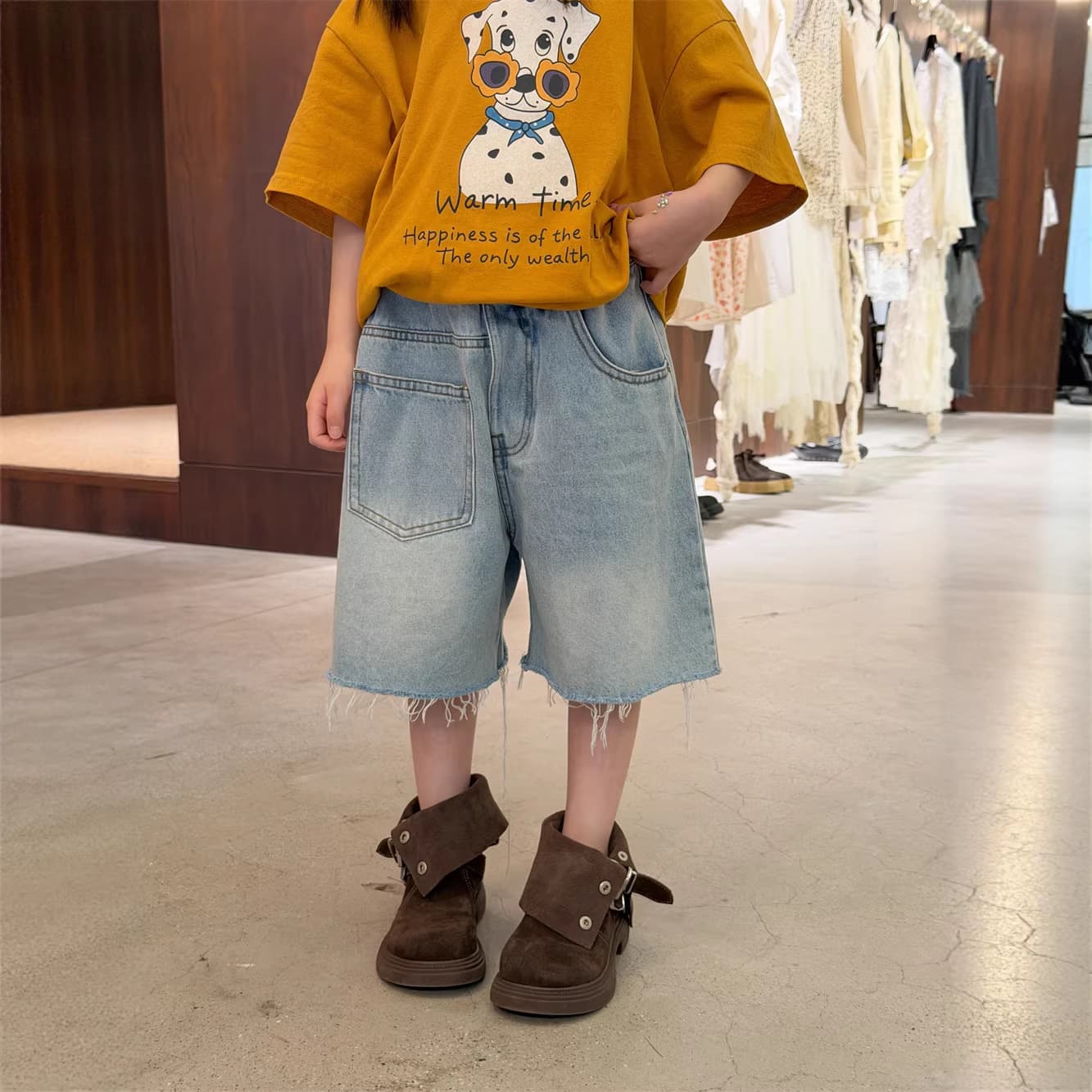 2026 summer new Korean version children's AB version raw edge denim mid-pants boys' fashion soft denim versatile five-point pants