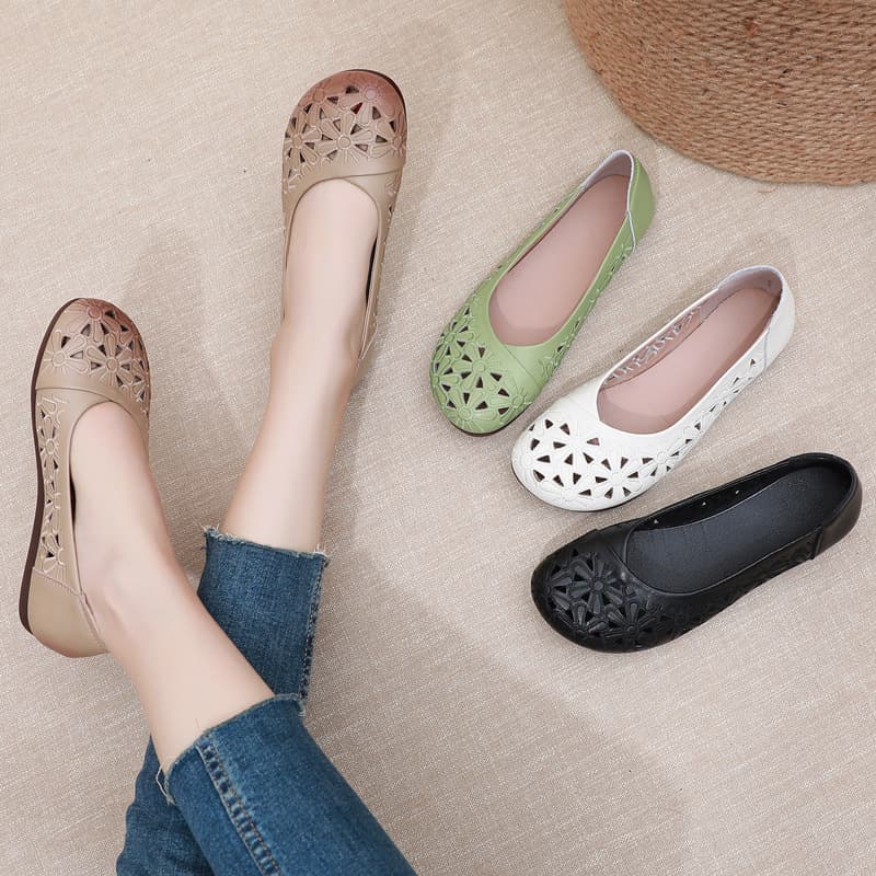 Genuine leather flat hollow-out single-layer shoes soft surface soft bottom hole shoes comfortable mom shoes summer tendon bottom soft leather non-slip women's shoes