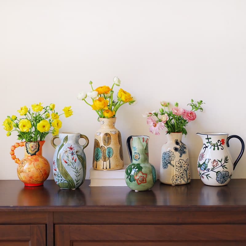 Ceramic Vase with Premium Hand-Painted Floral Art, Modern Light Luxury Style for Fresh Cut Flowers, Hydroponic Flower Vessel