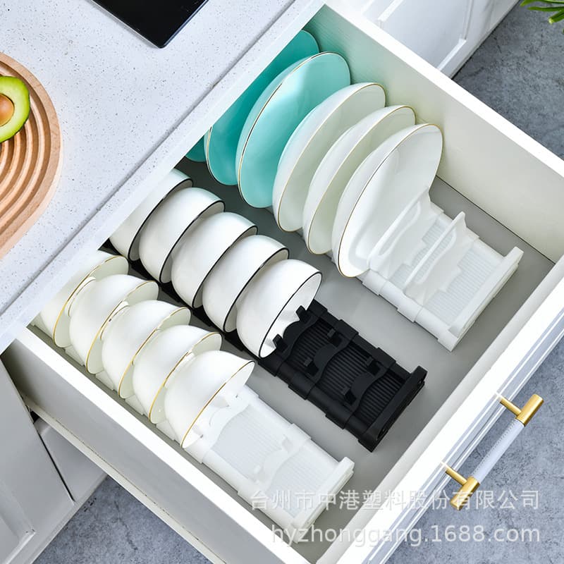 Simple kitchen cabinet dish rack, drawer holder for bowls, plates, and dishes, drainable storage rack, household use, extendable divider.