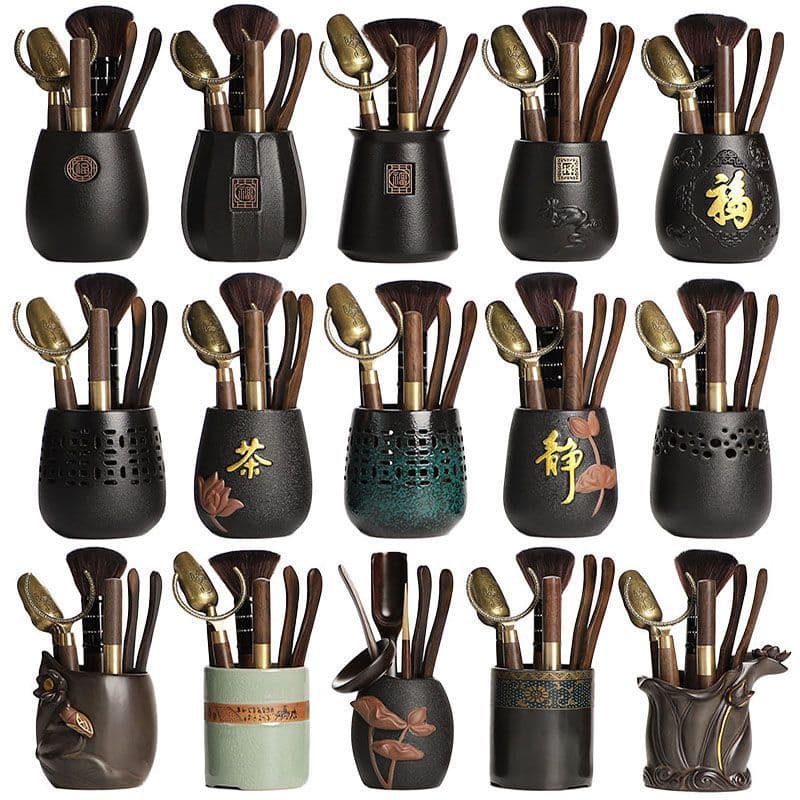 Ebony Wood Tea Ceremony Six Gentlemen Set Complete 6-piece Tea Brewing Tools with Tea Tongs, Needle, Scoop, Kung Fu Tea Accessories
