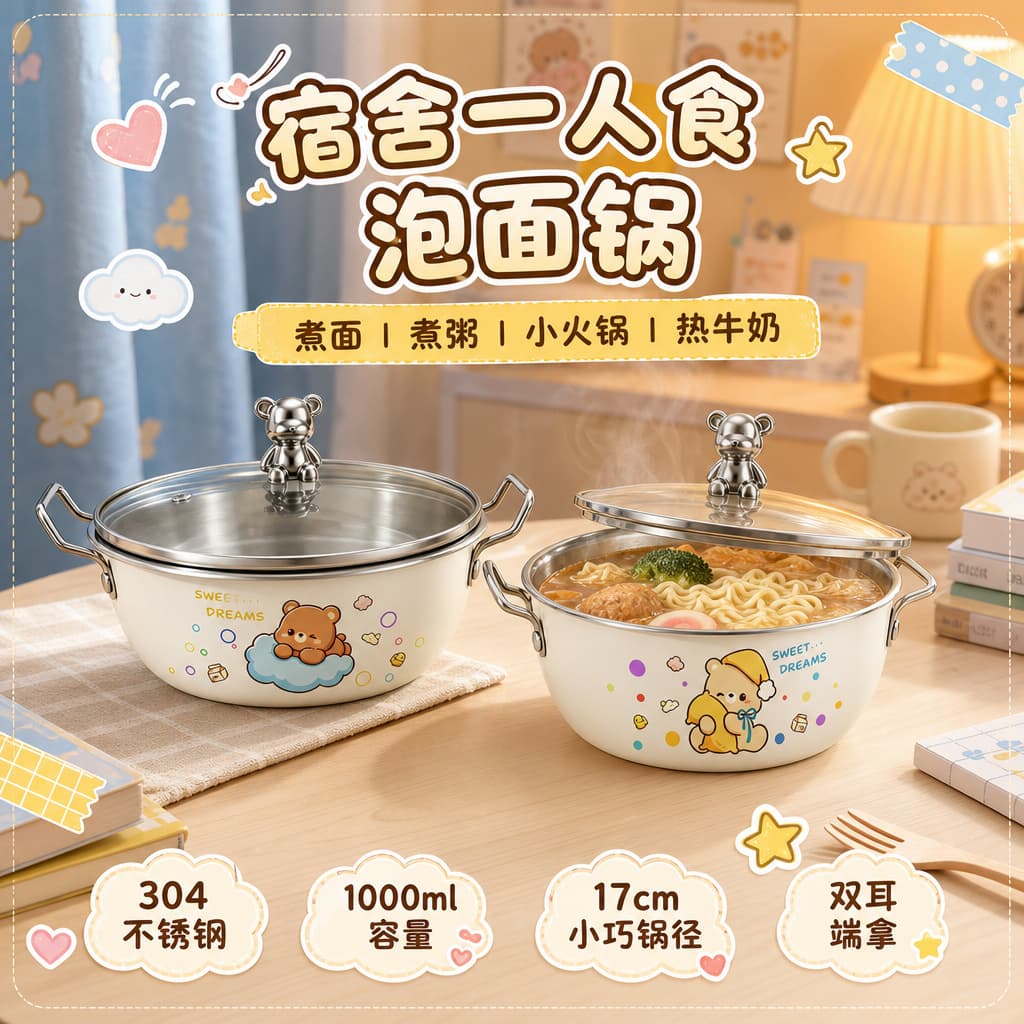 New Instant Noodle Pot 304 Stainless Steel Single-Serve Pot with Dual Handles, Compatible with Induction Cookers, Convenient Ramen Pot and Soup Pot
