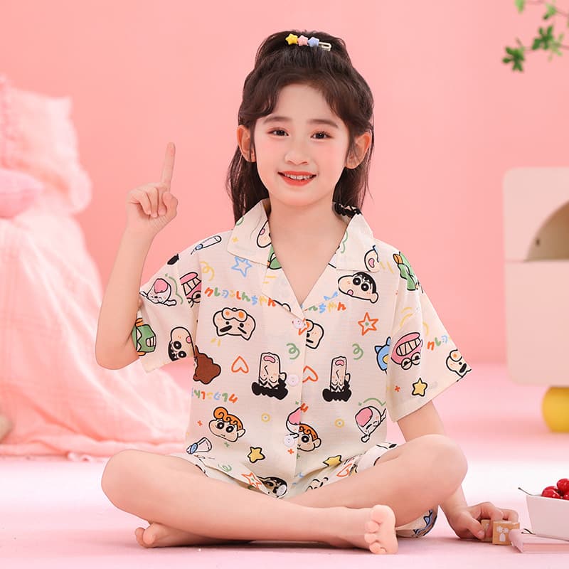 New Children's Pajamas Summer Short Sleeve Turn-down Collar Bubble Cotton Crepe Girls Cartoon Sweet Sleepwear Home Clothes