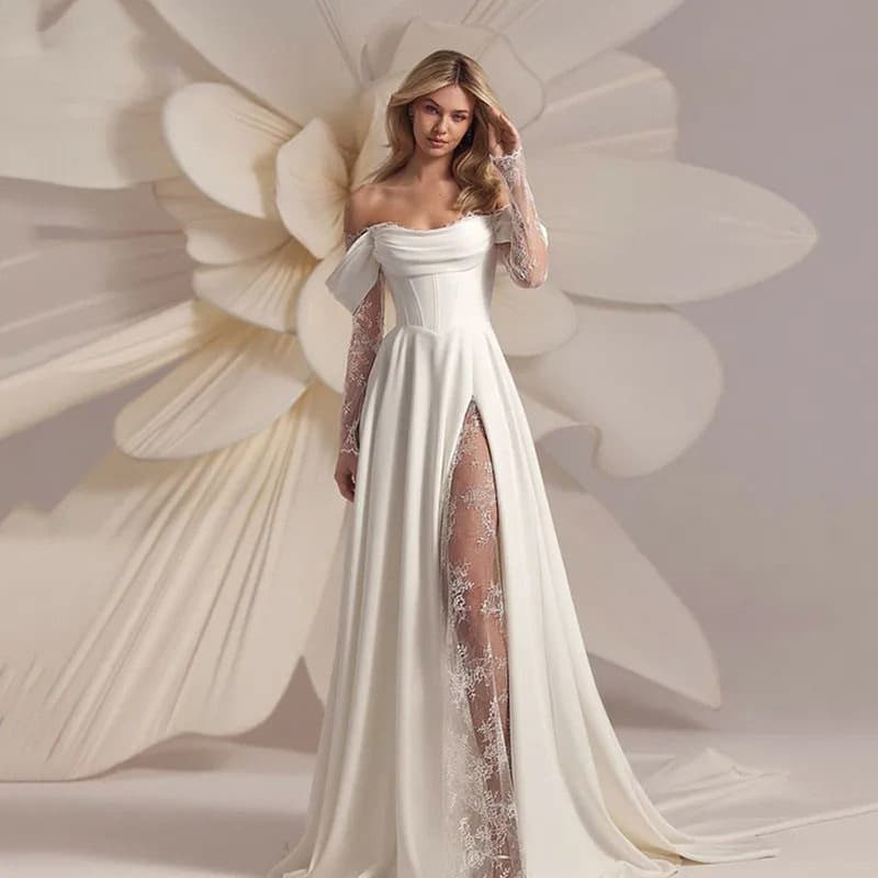 New Light Wedding Dress for Women One-Shoulder Side Slit Lace Train Long Dress Couple Photo Travel Shoot Bride Wedding Gown