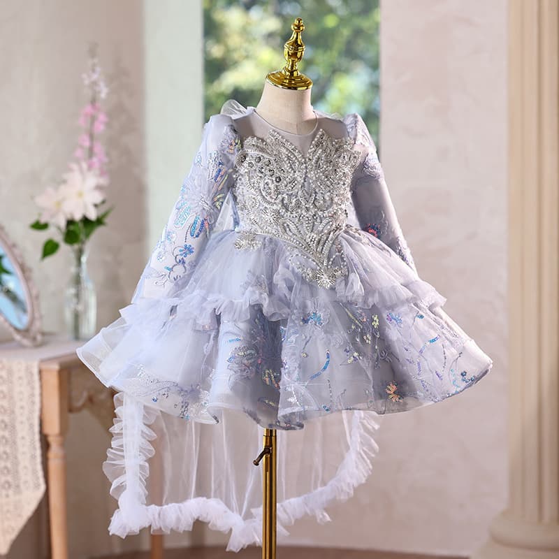 One-year-old girl's birthday party dress, tutu skirt, children's long-sleeved princess dress, spring flower girl hosts piano competition