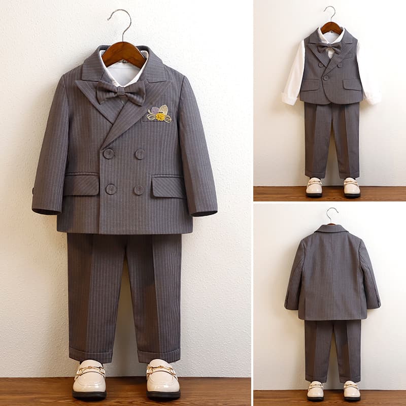 Boys' Spring Wedding Tuxedo Vest Striped British Style Kids' Suit for Birthday Photography