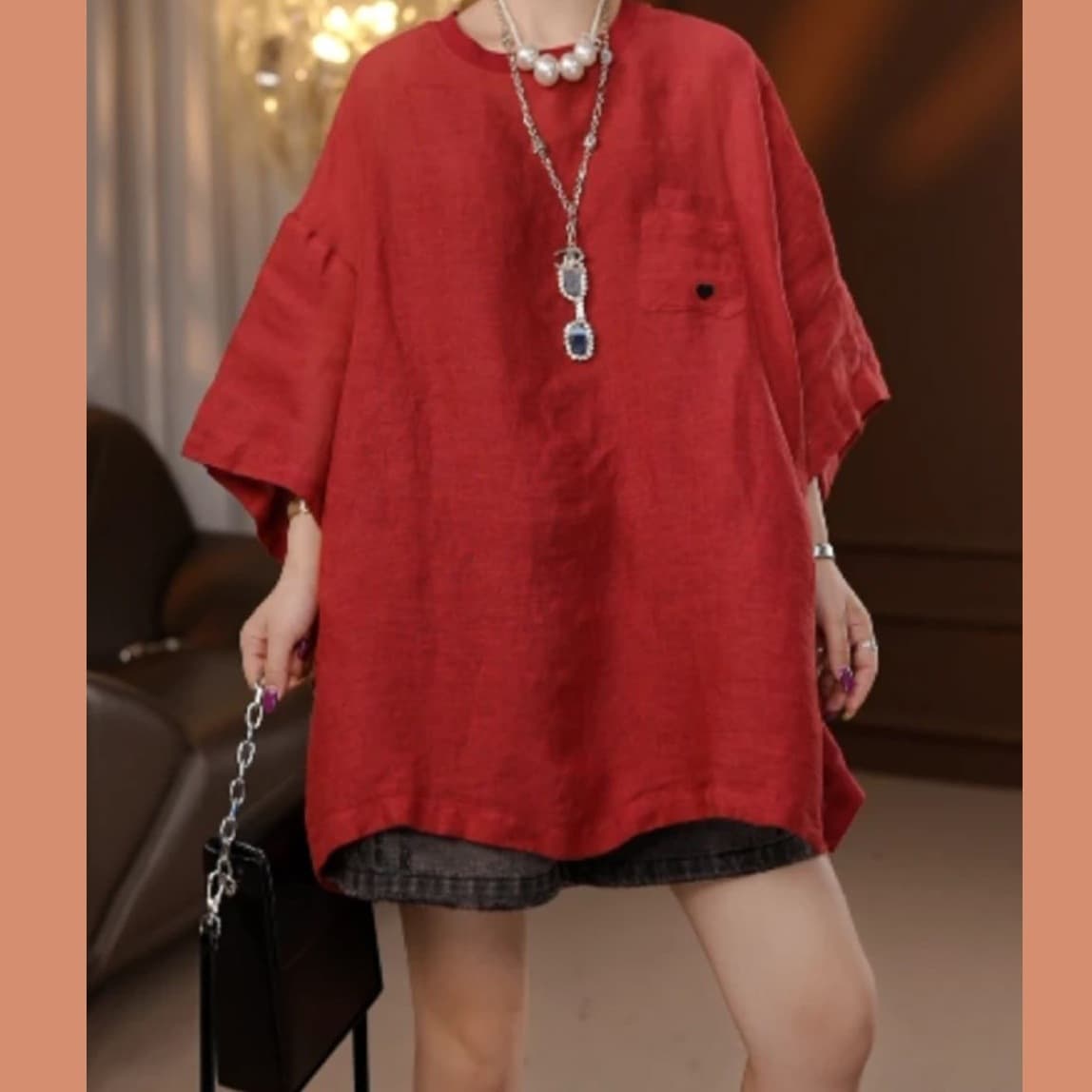 Mid-Length T-Shirt Summer 2026 European Style Women's Clothing with Heart Embroidery, Slimming, Casual, Loose, Fashionable, Versatile Top