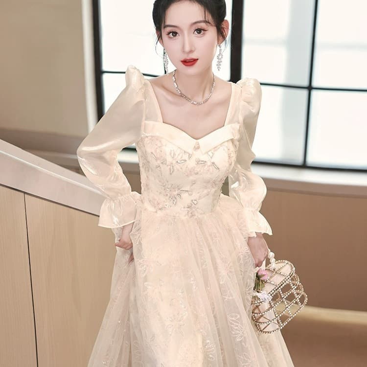 Long Sleeve Evening Gown 2025 New Vocal Piano Art Exam Adult Ceremony Elegant Light Luxury Champagne Evening Dress