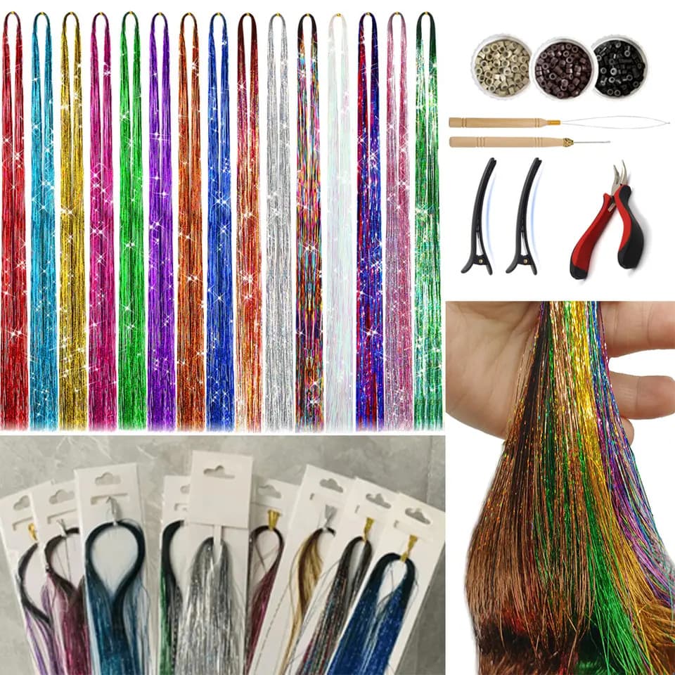 Cross-border Export Tool Kit Hair Extension Set with Laser Gold Thread Hair Piece, Yiwu Manufacturer