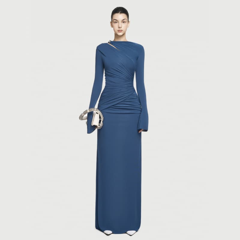 Cross-border European and American Style New Autumn/Winter Women's Fashion Hollow Pleated Long Dress Solid Color Elegant Simple Slim Fit Maxi Dress