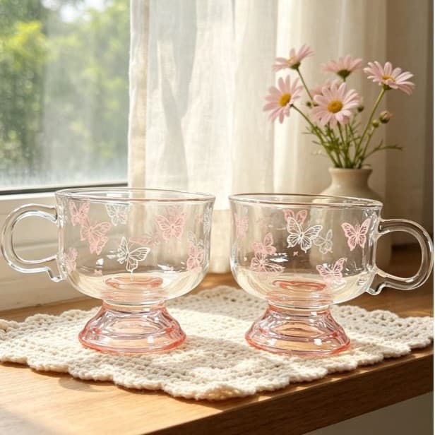Butterfly Print Coffee Cup, Iced Americano Latte Water Cup, Mug, Tea Cup with Handle, Oatmeal Dessert Breakfast Cup