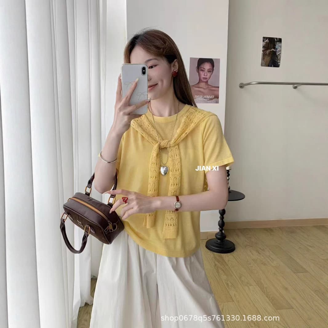 Popular Style ~ Hollow Crochet Shawl Knitted Short-Sleeved Two-Piece Set for Women Early Autumn Round Neck Wool Knitwear + Shawl Outer Wear