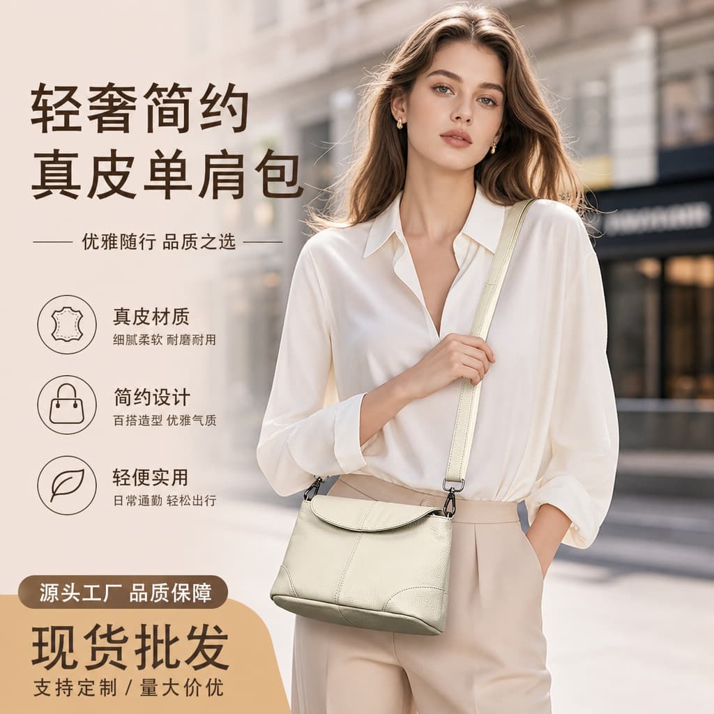 Fashionable women's genuine leather commuter armpit bag minimalist cover style casual crossbody bag first layer cowhide shoulder bag