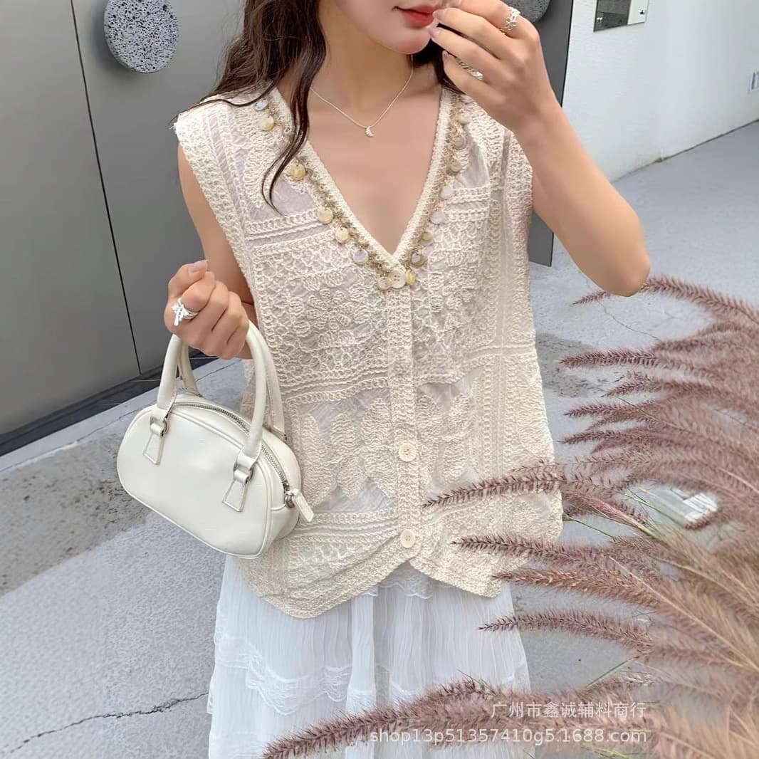 French V-Neck Sleeveless Lace Crochet Vest Top for Women, Spring Layering, Age-Defying Cardigan, Single-Breasted Top