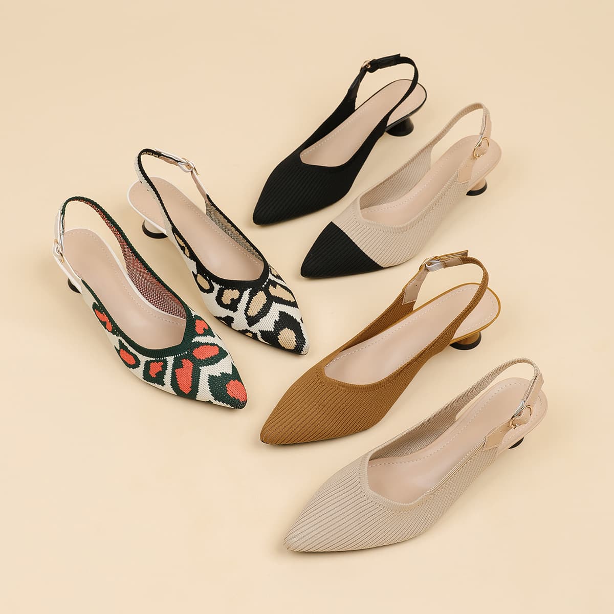 Breathable Knitted Pointed Toe Fly Knit Leopard Print High Heel Single Shoes Comfortable Summer Autumn Spring Seasonal Footwear