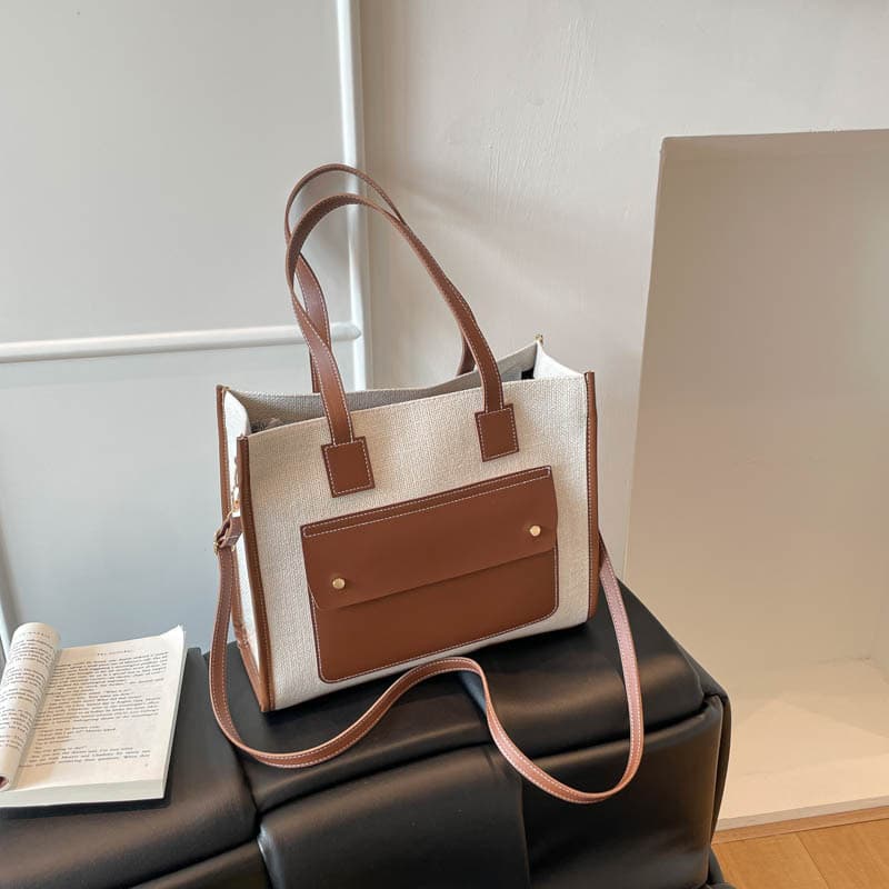 New Stitched Contrast Color Handbag Canvas High-Looking Fashion Shoulder Bag Simple Cross-Border Large Capacity Crossbody Bag Trendy