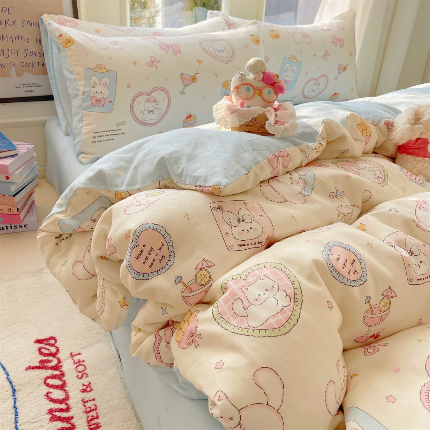 Cartoon simple new washed cotton printed four-piece cotton dormitory three-piece set thickened quilt cover sheets bedding