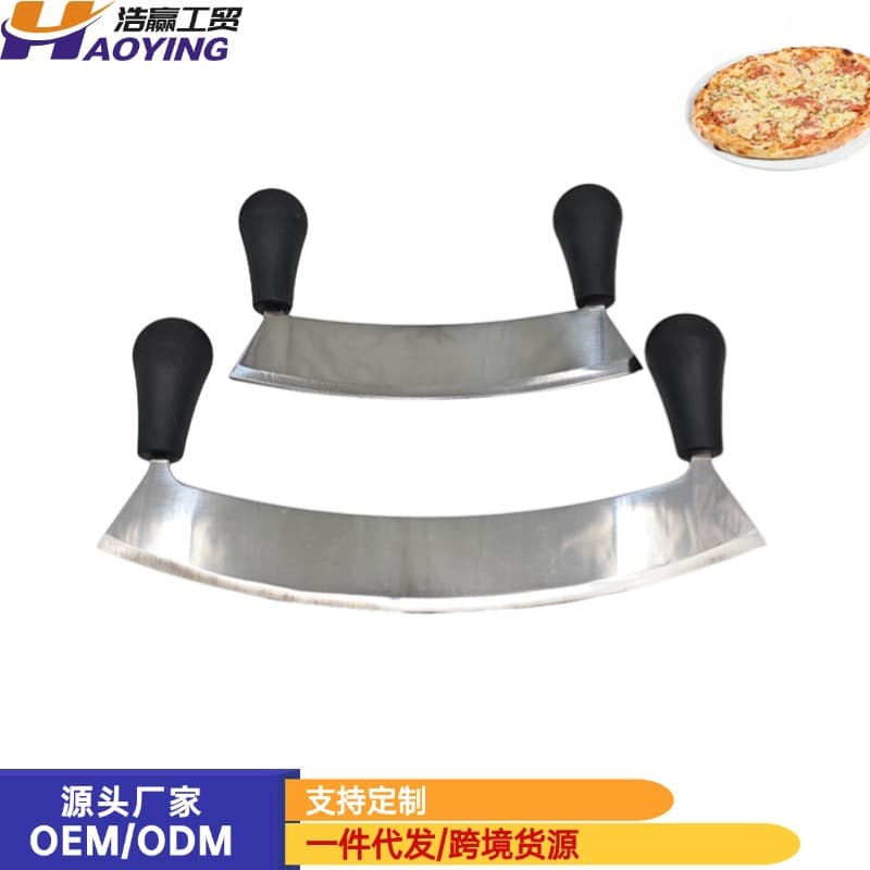 Factory Stock Pizza Cutter with Wooden Handle, 430 Half-Moon Baking Pizza Rocking Knife, Noodle Cutter, Dough Knife