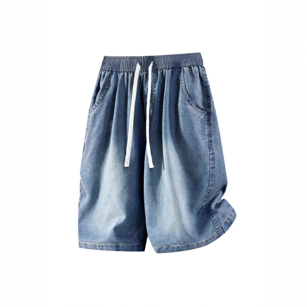 Plus-size American style retro high-street washed distressed solid color denim shorts, loose straight leg for plus-size men.