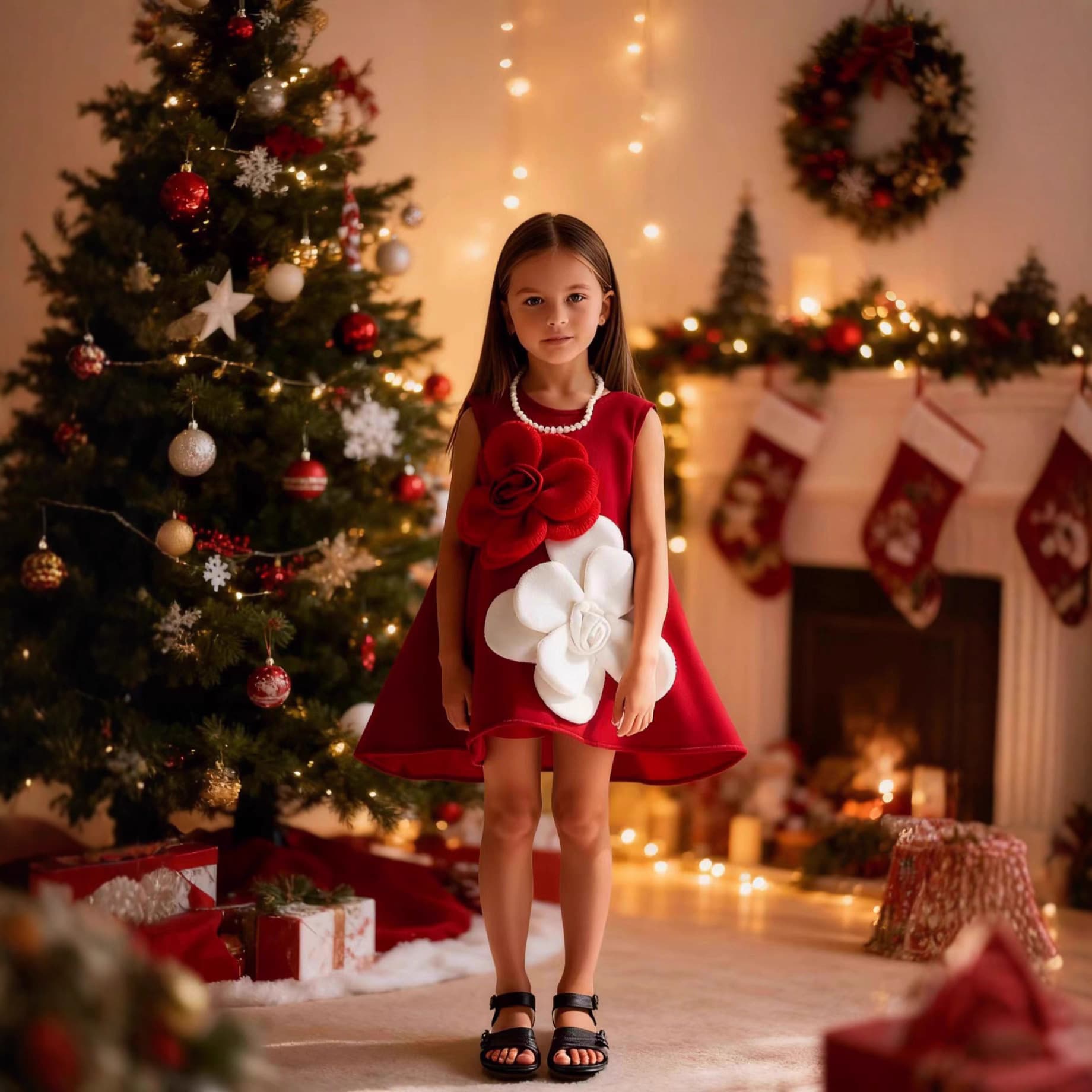 Christmas cross-border princess dress for girls, three-dimensional floral sleeveless fashionable A-line dress