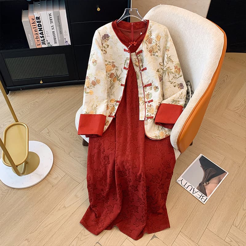 Plus-size women's clothing for 300 lbs: Autumn/Winter padded thick coat + New Chinese style cheongsam dress two-piece set