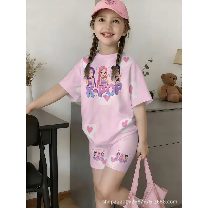 Cross-border European American Demon Hunter Girl Group KPOP Print Short Sleeve Shorts Set Spring Summer Fashion Girl Outing Outfit