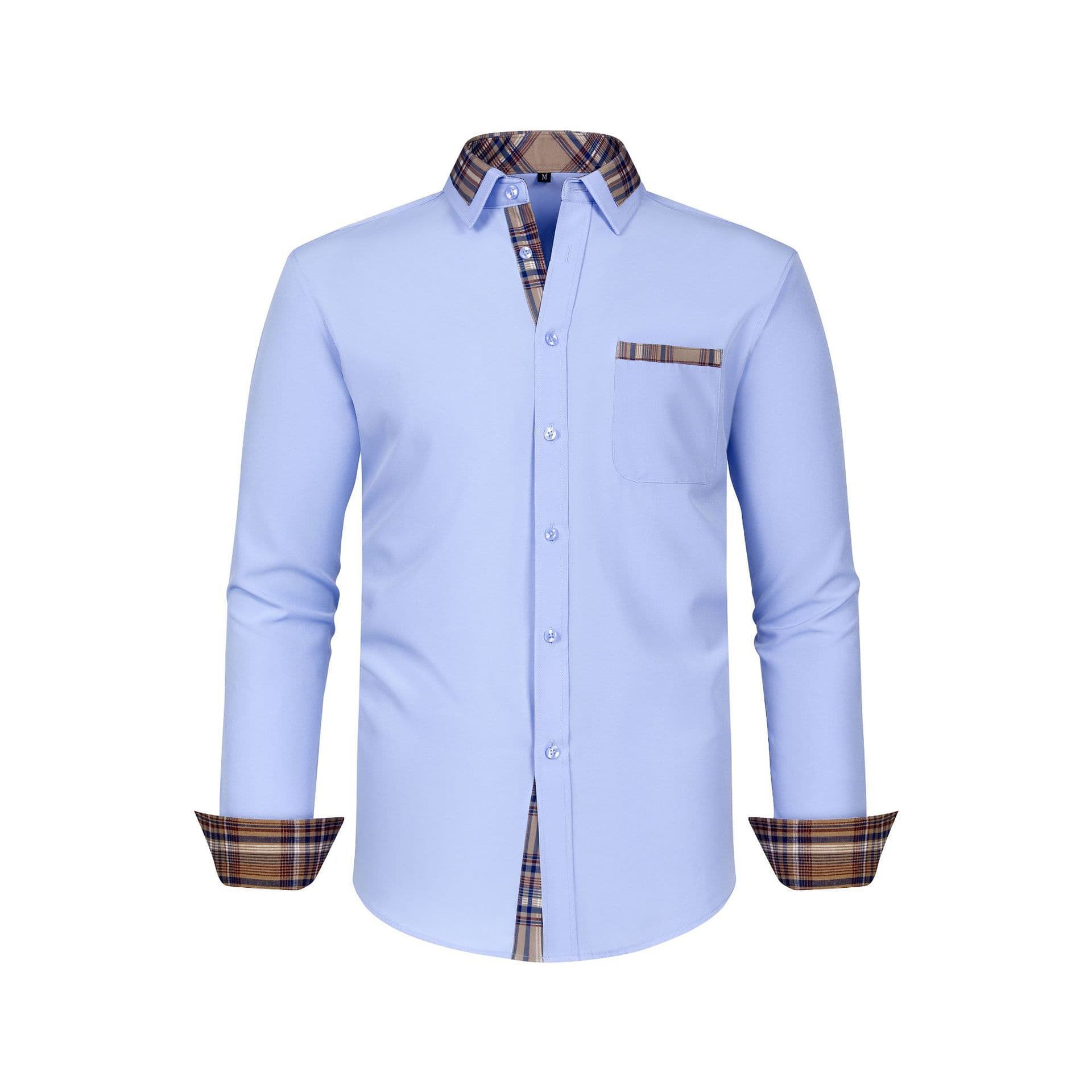 Men's Shirt with Contrasting Plaid Collar, Casual Versatile Shirt, Business Commuting Solid Color Long-Sleeved Shirt, Plus Size Men's Clothing
