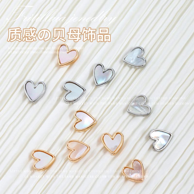 Natural Shell Mother-of-Pearl Heart Shaped Nail Art Decorations Pearl Design Crystal Zirconia Stones Gold Silver Colored Nails