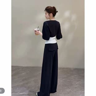 Summer Full Set Korean Style Outfit for Slightly Curvy Figures Blue Halter Top Vest Cardigan Pants Three-Piece Set Trendy