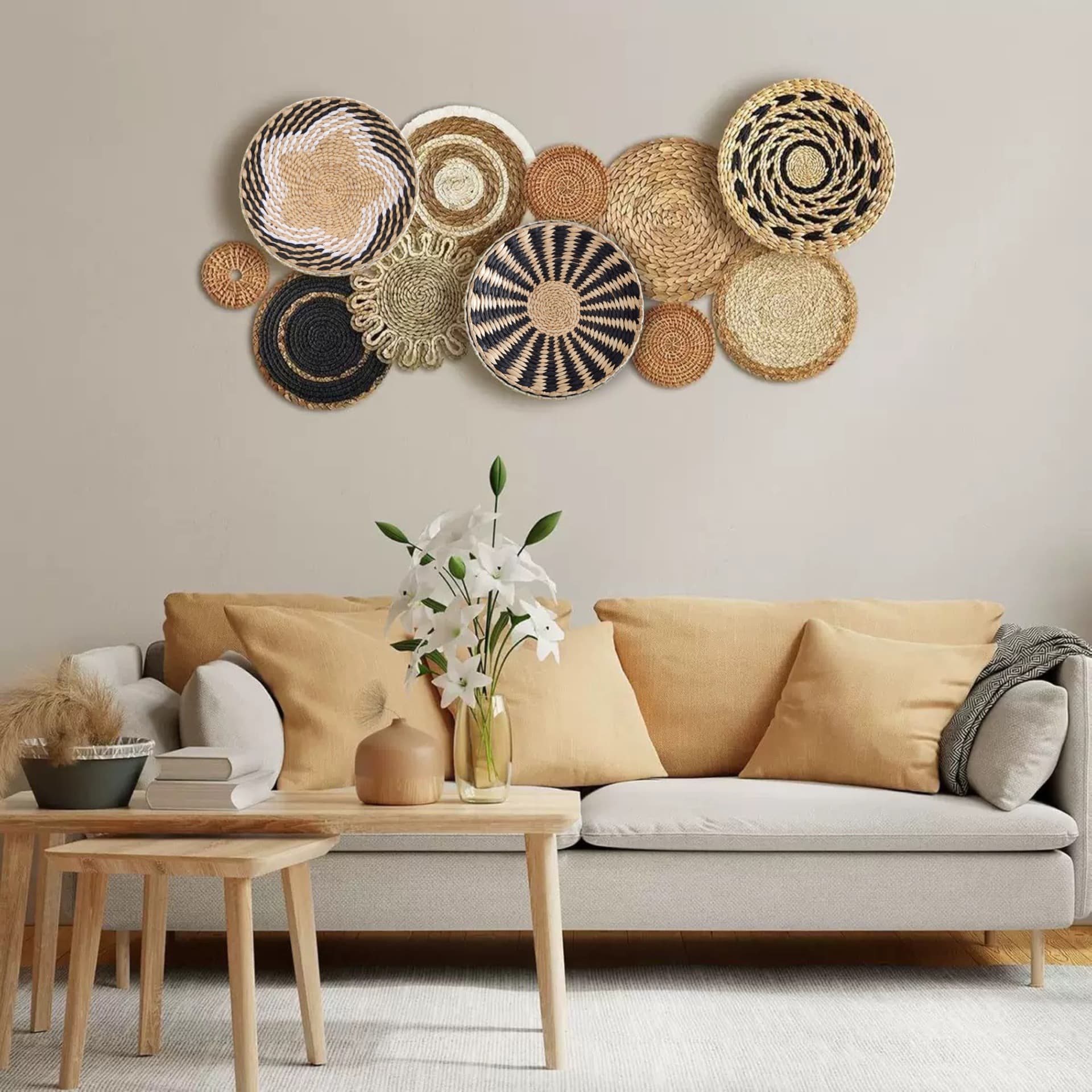 Rustic Homestay Handwoven Straw Wall Decor, Four-Piece Set Wall-Mounted Dining Room Decoration