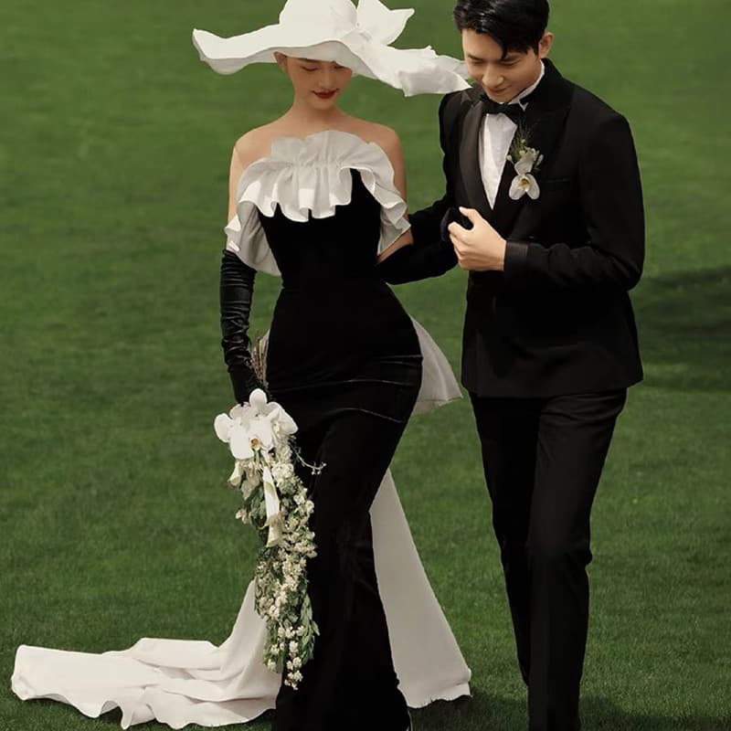 Studio New Photography Theme Costume Wedding Photography Couple Forest Style Black Velvet Strapless Fishtail Hepburn Dress