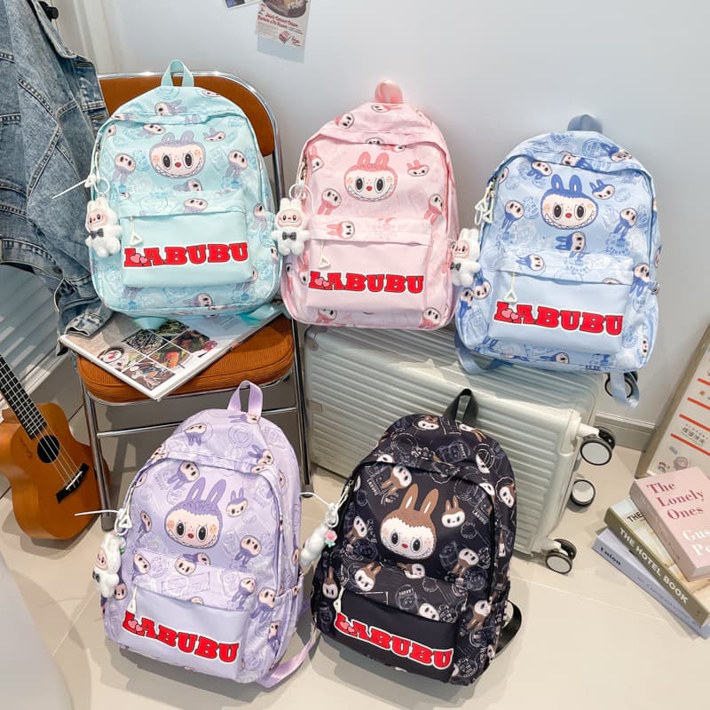 New Backpack Women's Middle School Student Bookbag Labubu Children's Backpack Ultra-Light High Aesthetic Delicate Keychain Bag