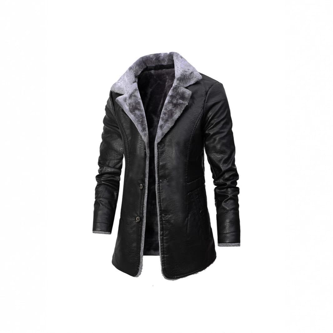 Men's Mid-Length Fleece-Lined Leather Jacket Coat European Size Notched Collar Suit Style Flat Button Closure Outerwear