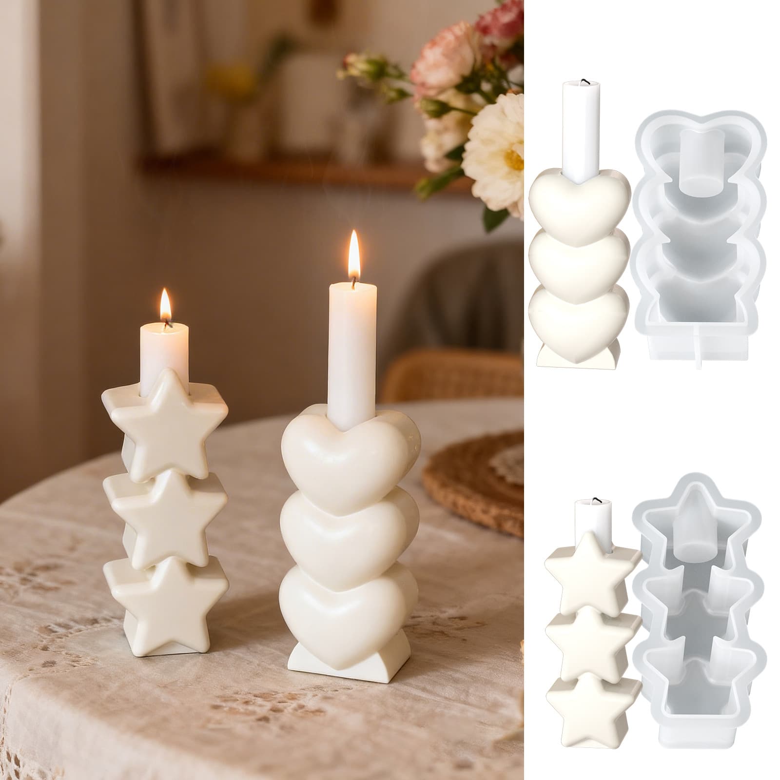 Hot Selling Triple Star Heart Candle Holder Plaster Ornament DIY Aromatherapy Resin Candle Base Silicone Mold