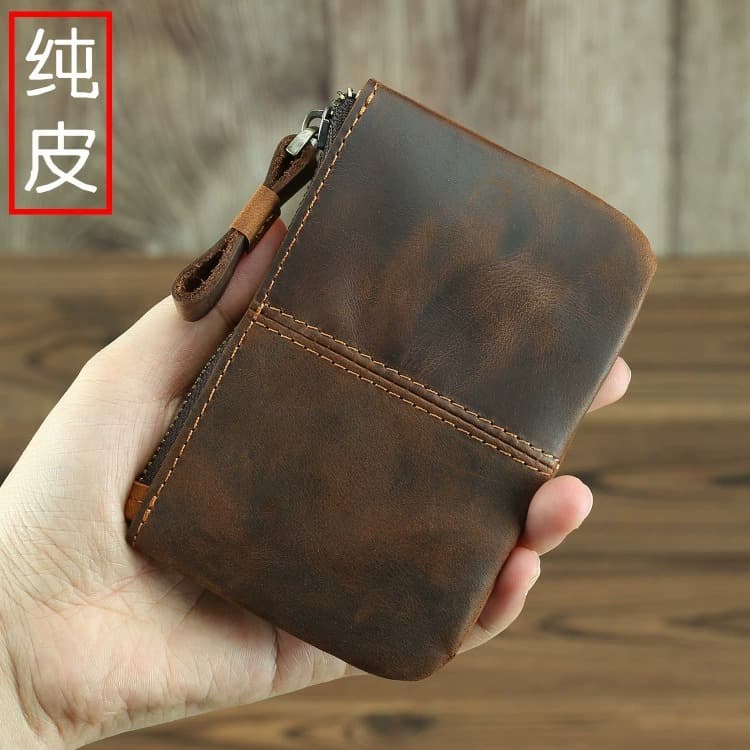 Cross-Border Amazon Crazy Horse Leather Vintage Men's Short Wallet Genuine Leather Card Holder Ultra-Thin Zipper Coin Purse Leather Case